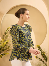 Antheaa Women Floral Print Flutter Sleeve Chiffon Top