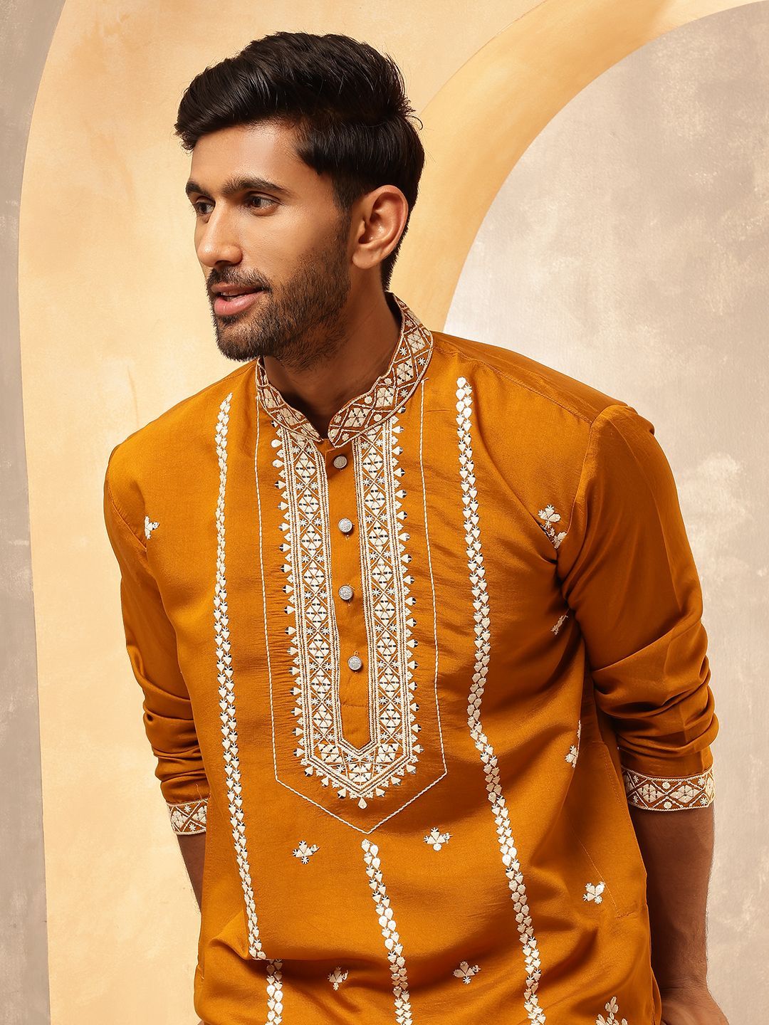 Anouk Geometric Embroidered Mandarin Collar Thread Work Cotton Silk Straight Kurta
