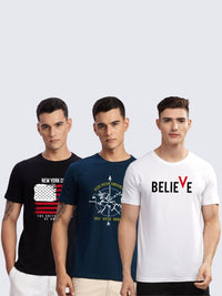 ADRO Men Pack of 3 Typography Printed Round Neck Cotton T-shirts