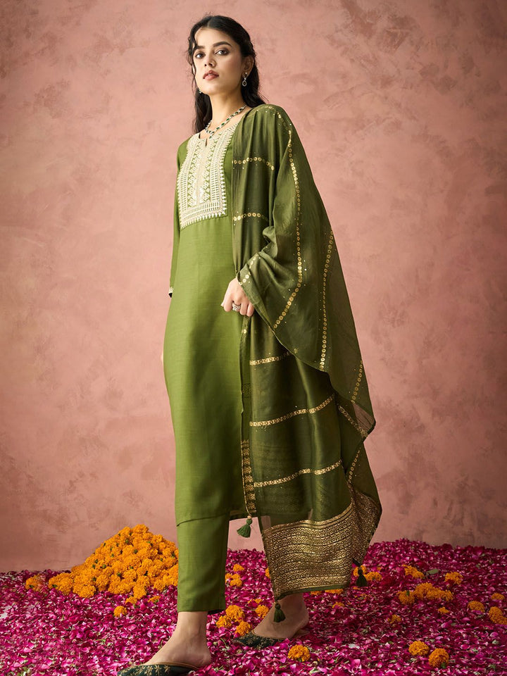 KALINI Ethnic Motifs Embroidered Straight Kurta With Trousers & Dupatta