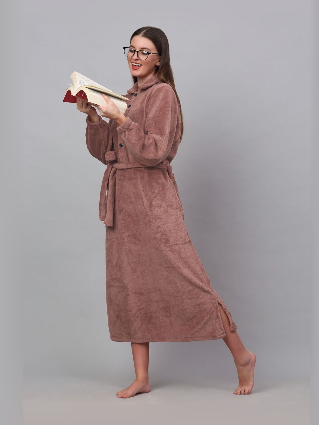 KLOTTHE Rust Woolen Long Sleeve Bath Robe With Belt