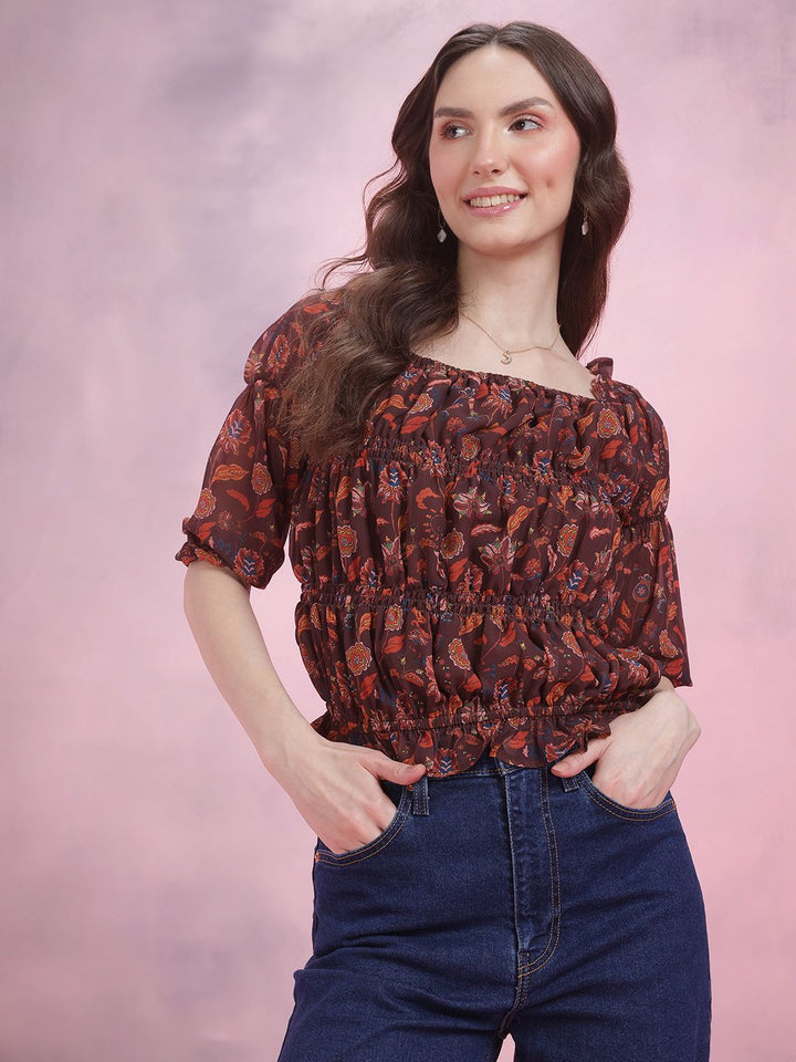 DressBerry Floral Print Smocked Puff Sleeve Top