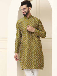 SOJANYA Geometric Embroidered Band Collar Long Sleeves Silk Straight Kurta