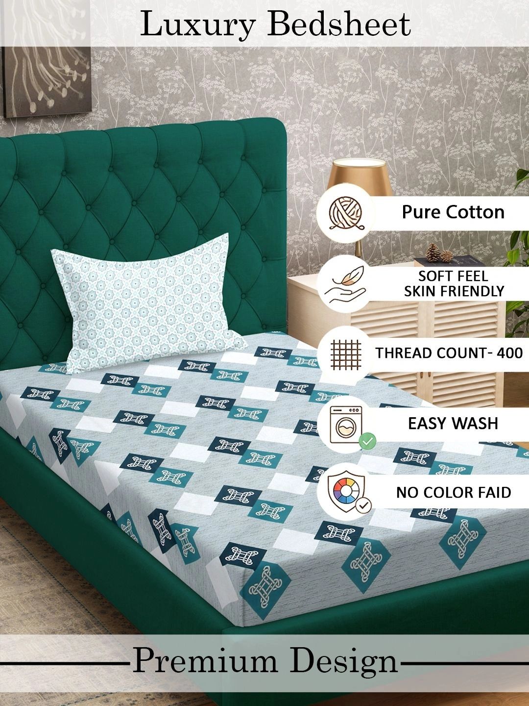 Myntra Elegant Homes Turquoise Blue & White Geometric 400 TC Single Bedsheet with 1 Pillow Covers
