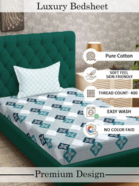Myntra Elegant Homes Turquoise Blue & White Geometric 400 TC Single Bedsheet with 1 Pillow Covers