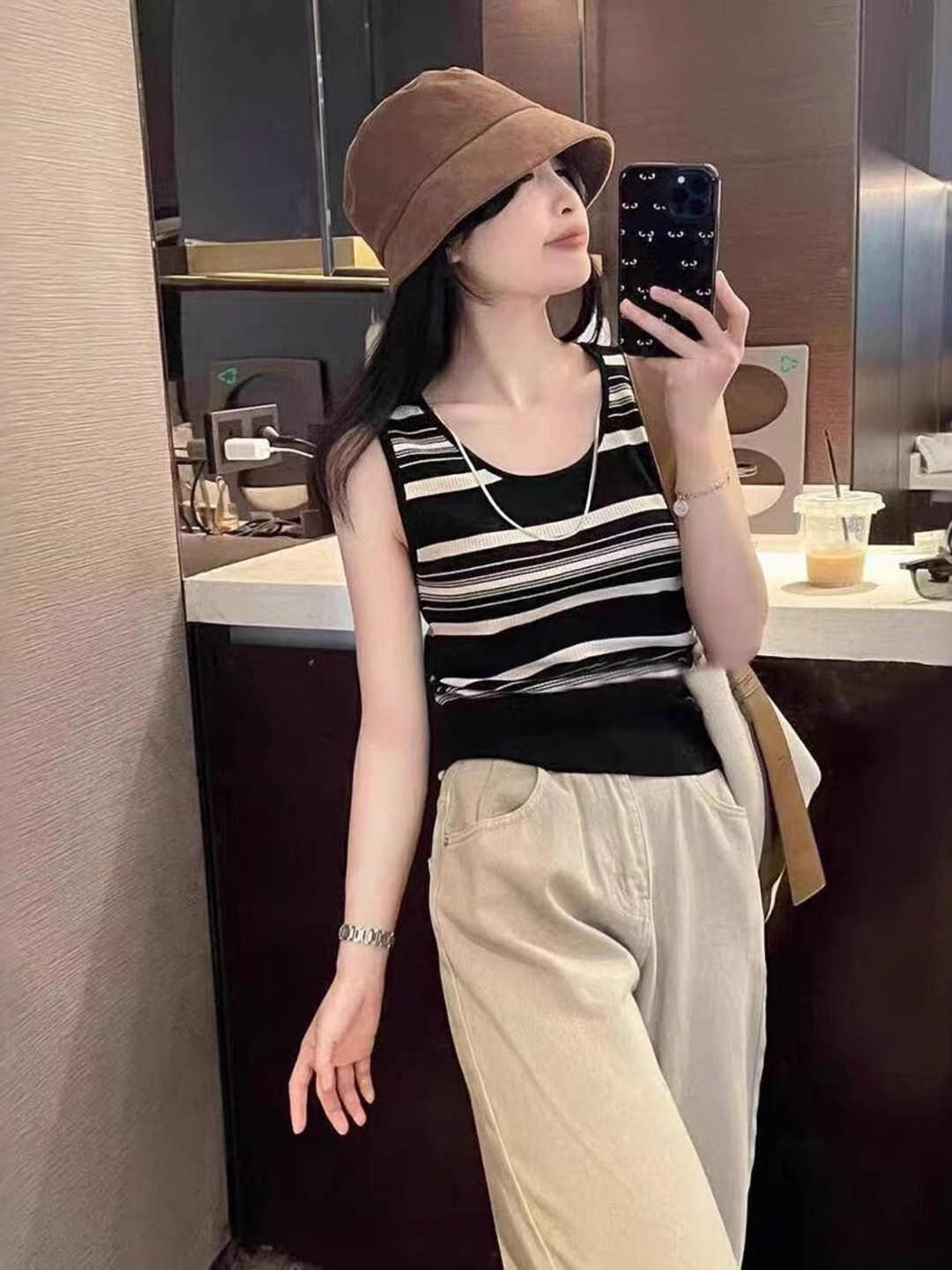 DressBerry Striped Round Neck Sleeveless Cotton Regular Fit T-shirt