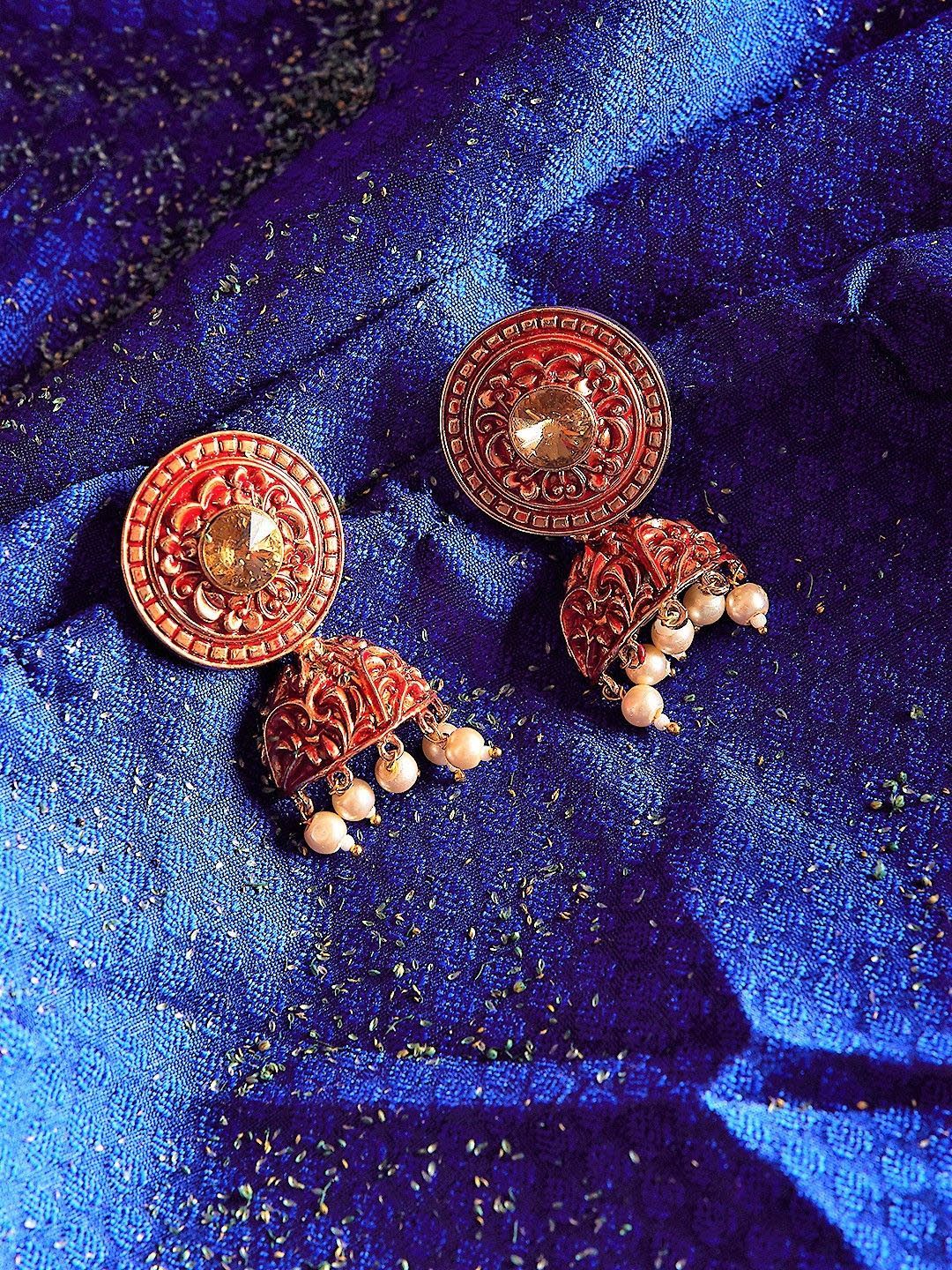 Anouk Gold-Plated Stone Studded & Beaded Dome Shaped Drop Earrings