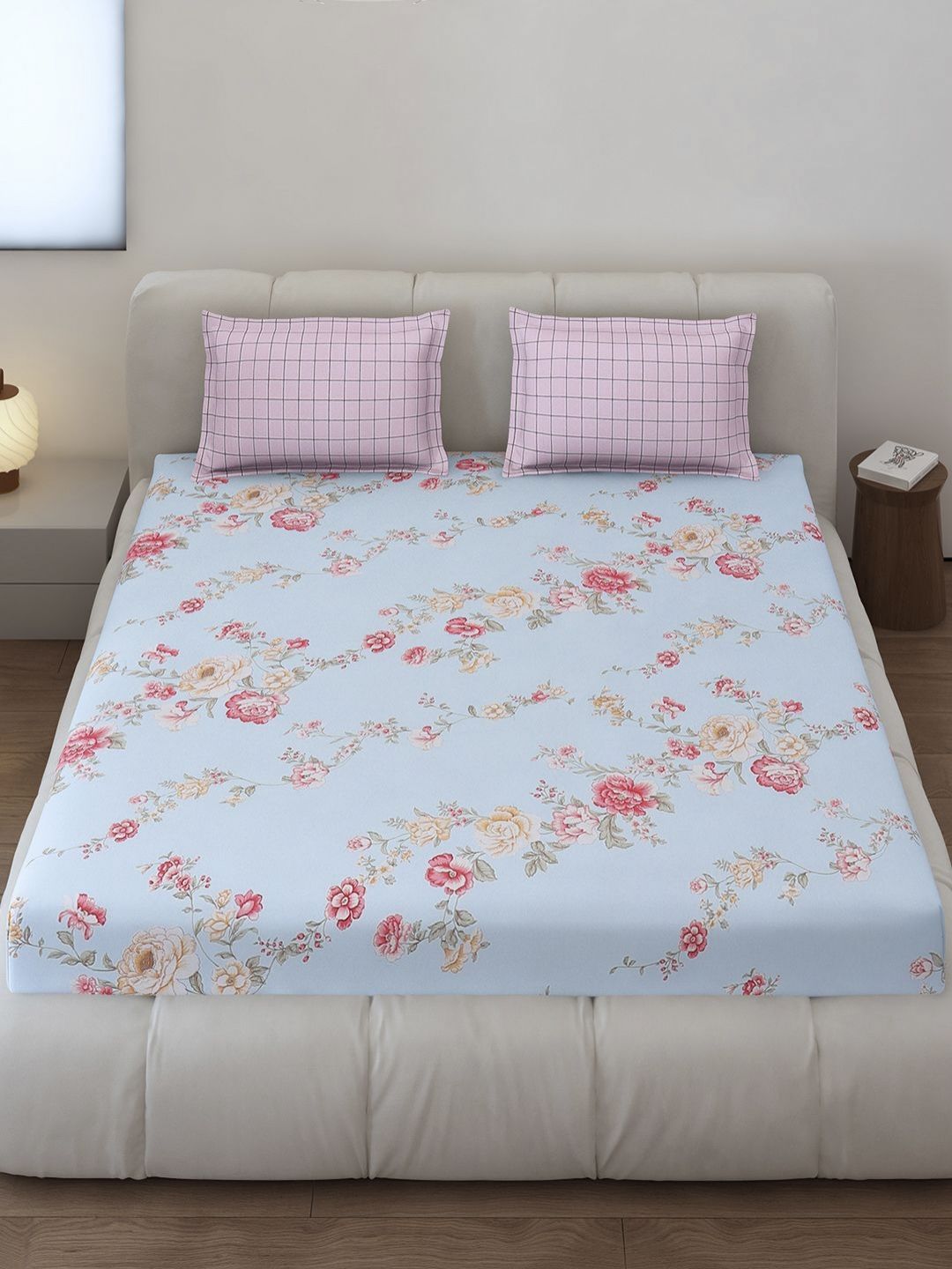 Monte Carlo Sea Green & Pink Floral Printed 144 TC King Bedsheet Set 2.70 m x 2.70 m