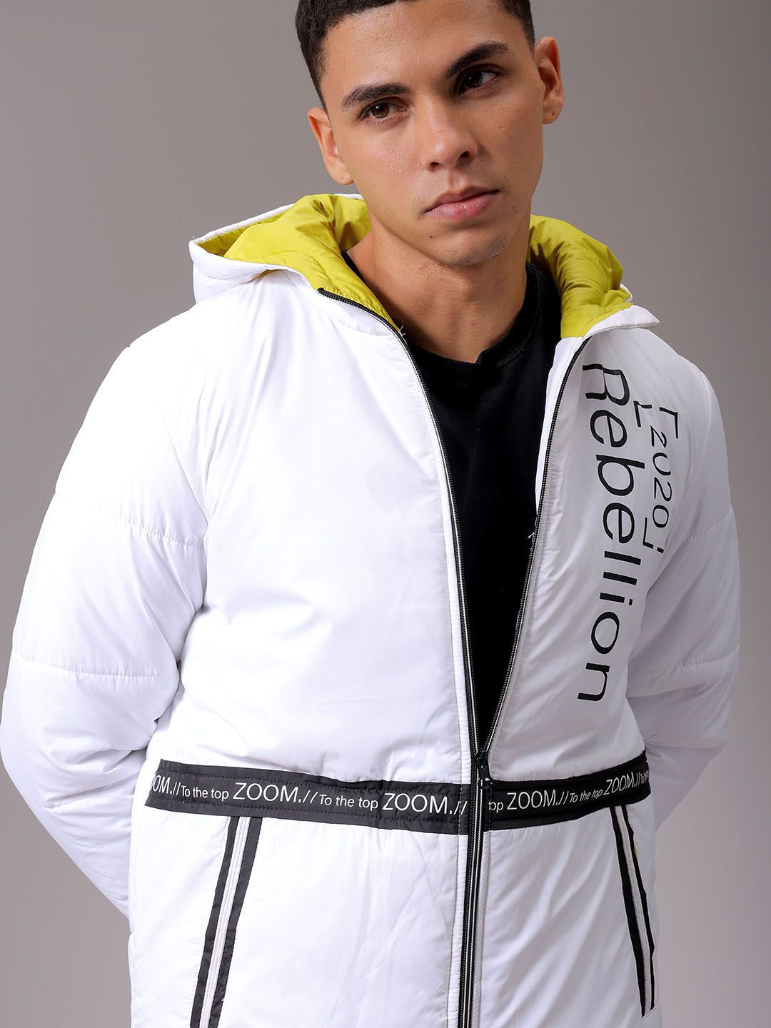 The Indian Garage Co Men Hooded Typography Printed Casual Quilted Jacket