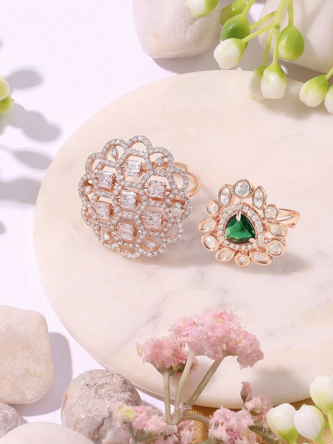 Set Mutiara Zaveri Daripada 2 Cincin Jari Boleh Laras Zirkonia Kubik Bertampal Batu