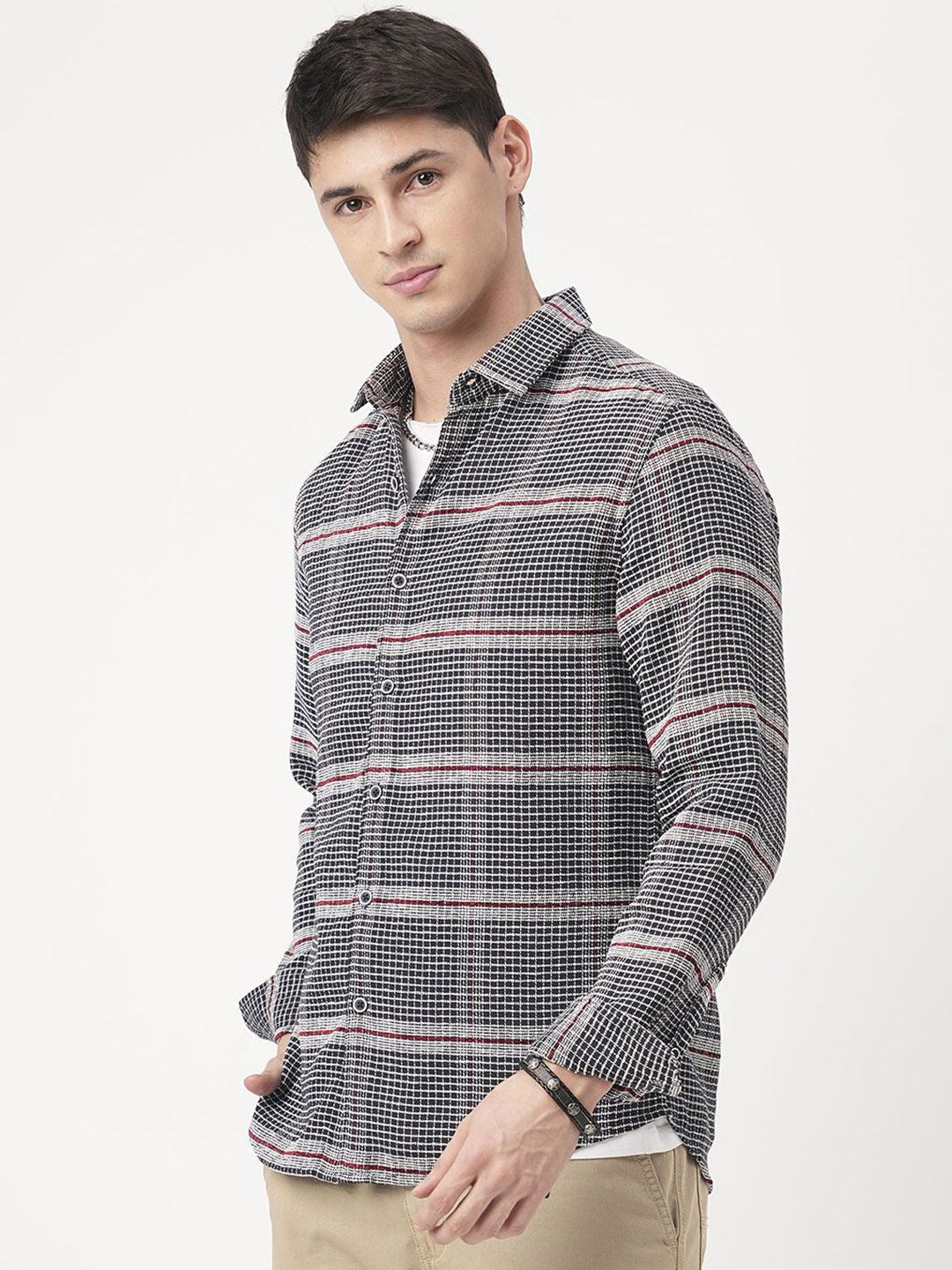 VASTRADO Men Classic Fit Spread Collar Textured Cotton Casual Shirt