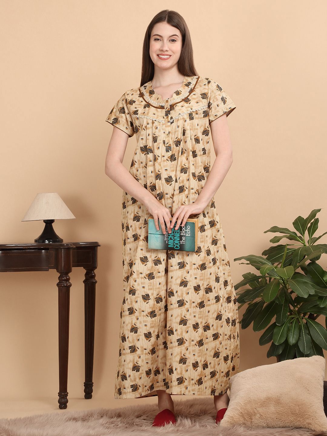 Sweet Dreams Women Pure Cotton Geometric Printed Maxi Nightdress