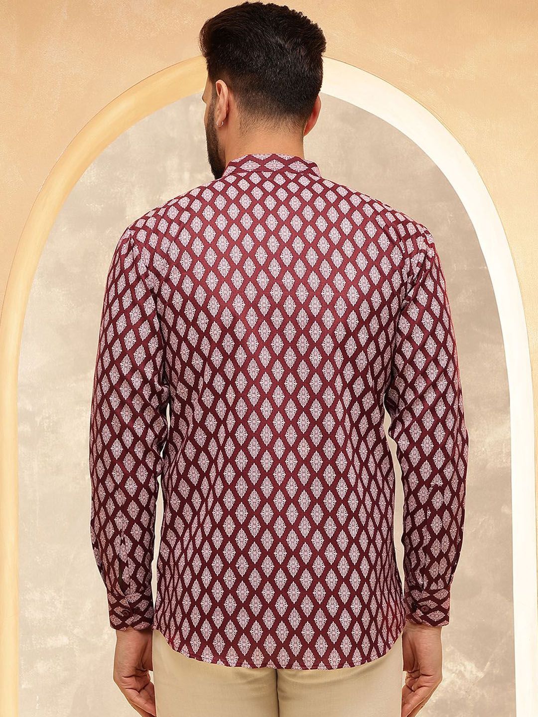 Anouk Maroon Etnik Motif Bercetak Kolar Jalur Kurta Pendek Lurus