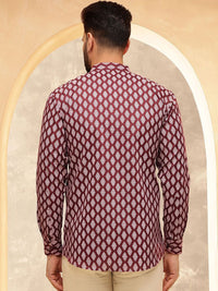 Anouk Maroon Etnik Motif Bercetak Kolar Jalur Kurta Pendek Lurus