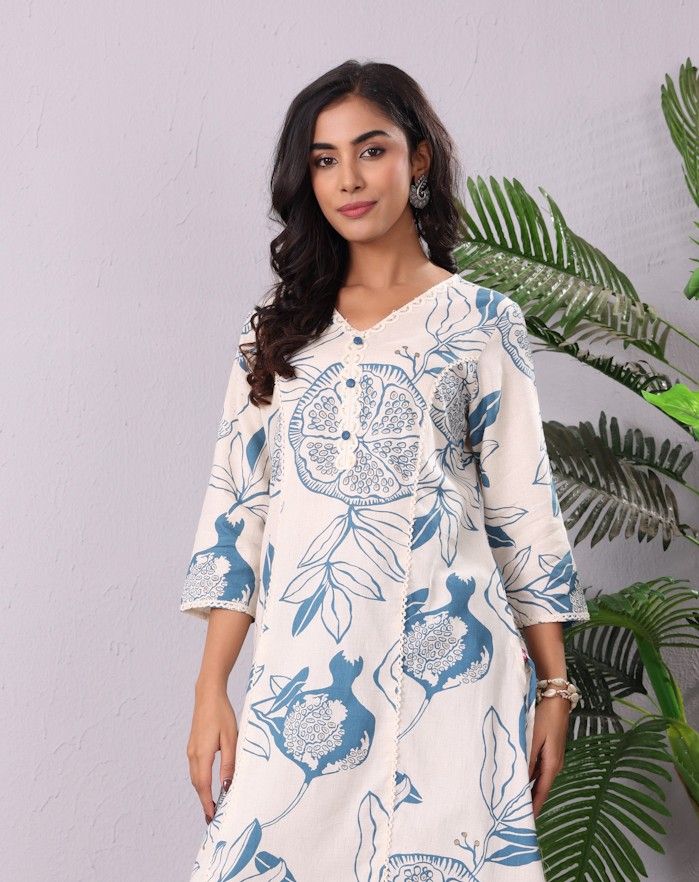 Varanga Floral Printed V-Neck Sequinned Panelled Cotton A-Line Kurta