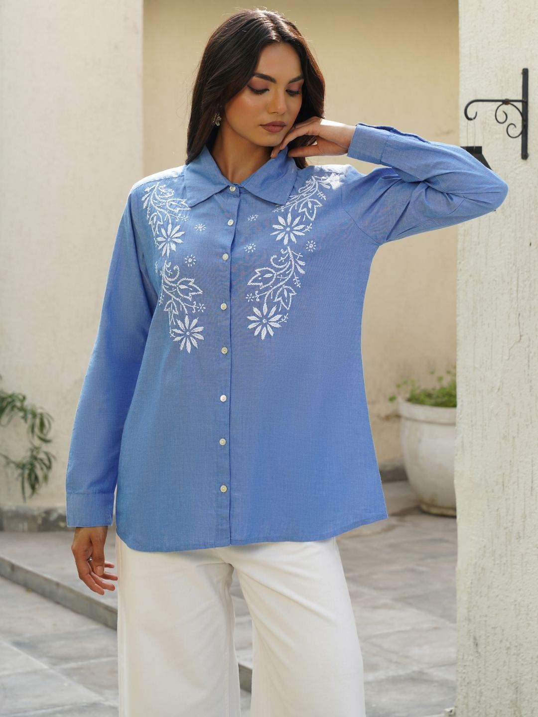 House of Chikankari Chikankari Solid Women's Shirt-light Blue Shirts