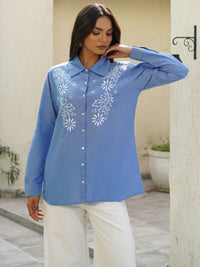 House of Chikankari Chikankari Solid Women's Shirt-light Blue Shirts