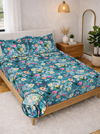 Myntra Elegant Homes Blue Floral 300 TC King Bedsheet with 2 Pillow Covers