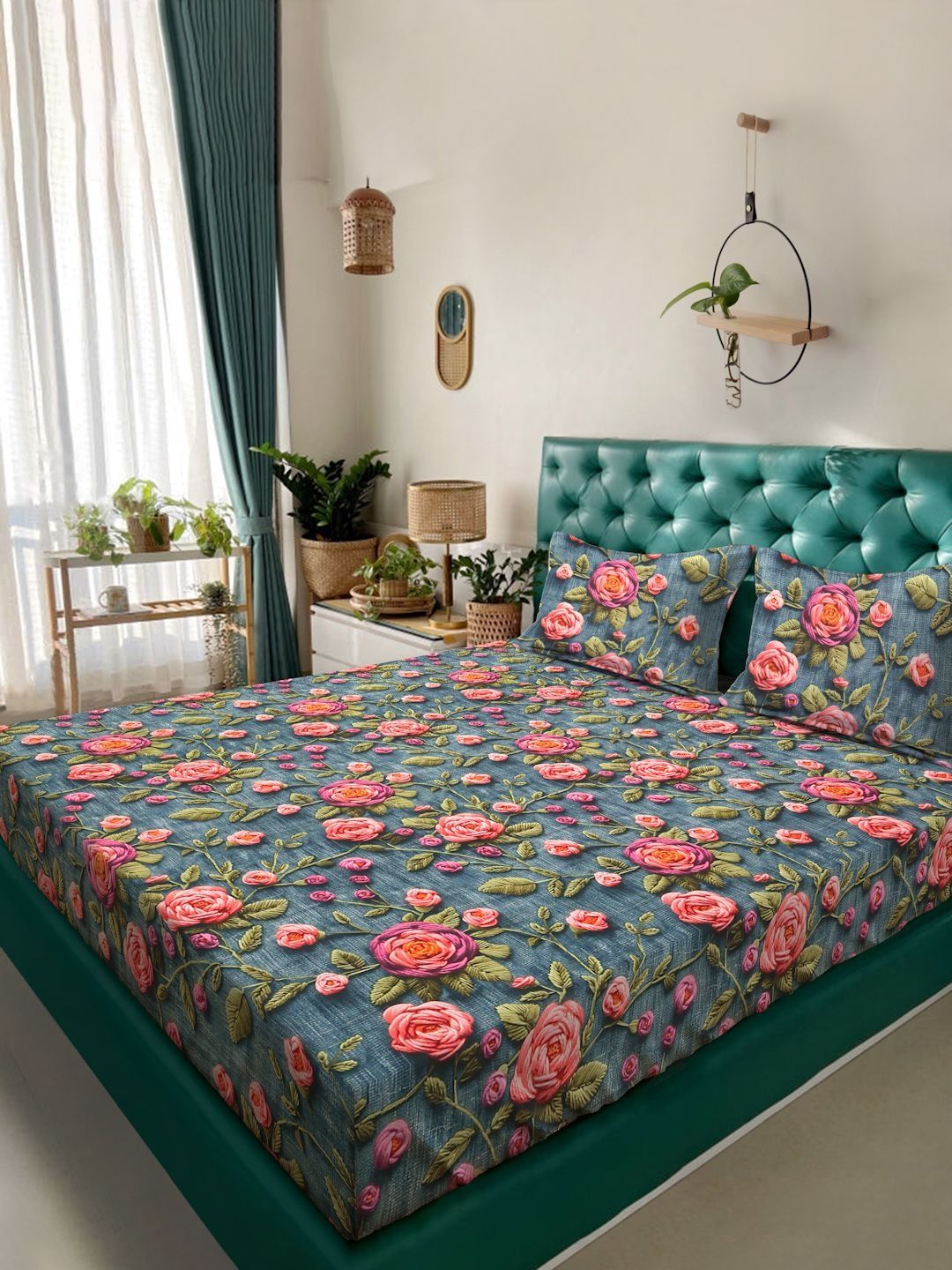 Myntra Elegant Homes Turquoise Blue Floral 300 TC King Bedsheet with 2 Pillow Covers