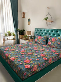 Myntra Elegant Homes Turquoise Blue Floral 300 TC King Bedsheet with 2 Pillow Covers