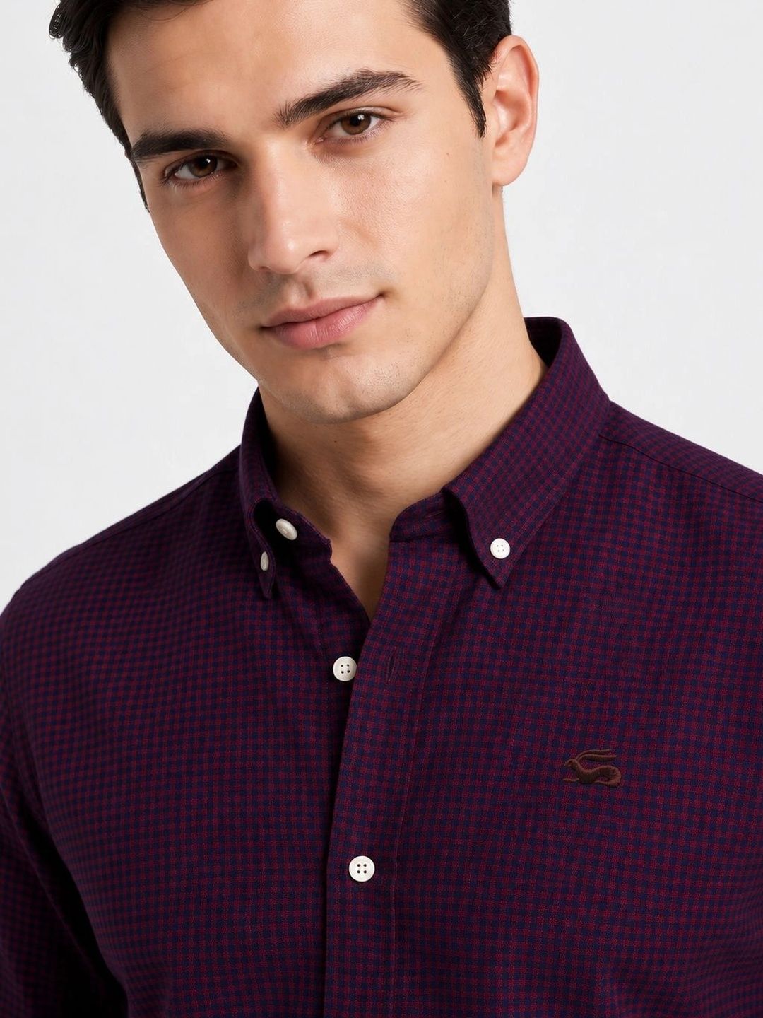 ADRO Men Maroon & Navy Mini Checked Regular Fit Casual Cotton Shirt