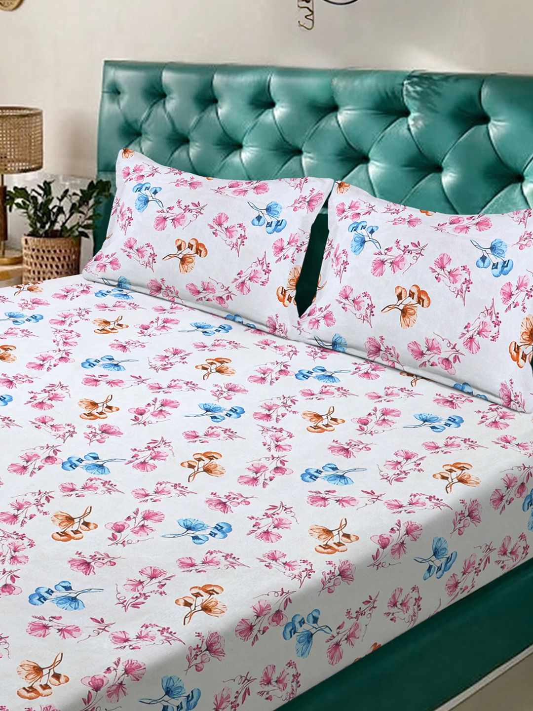 KLOTTHE White Floral Cotton 300 TC Fitted King Fine Bedsheet with 2 Pillow Covers-98 x 89 inches
