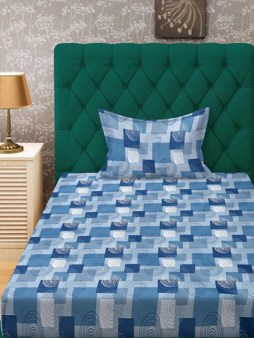 KLOTTHE Blue Geometric Cotton Single Bedsheets