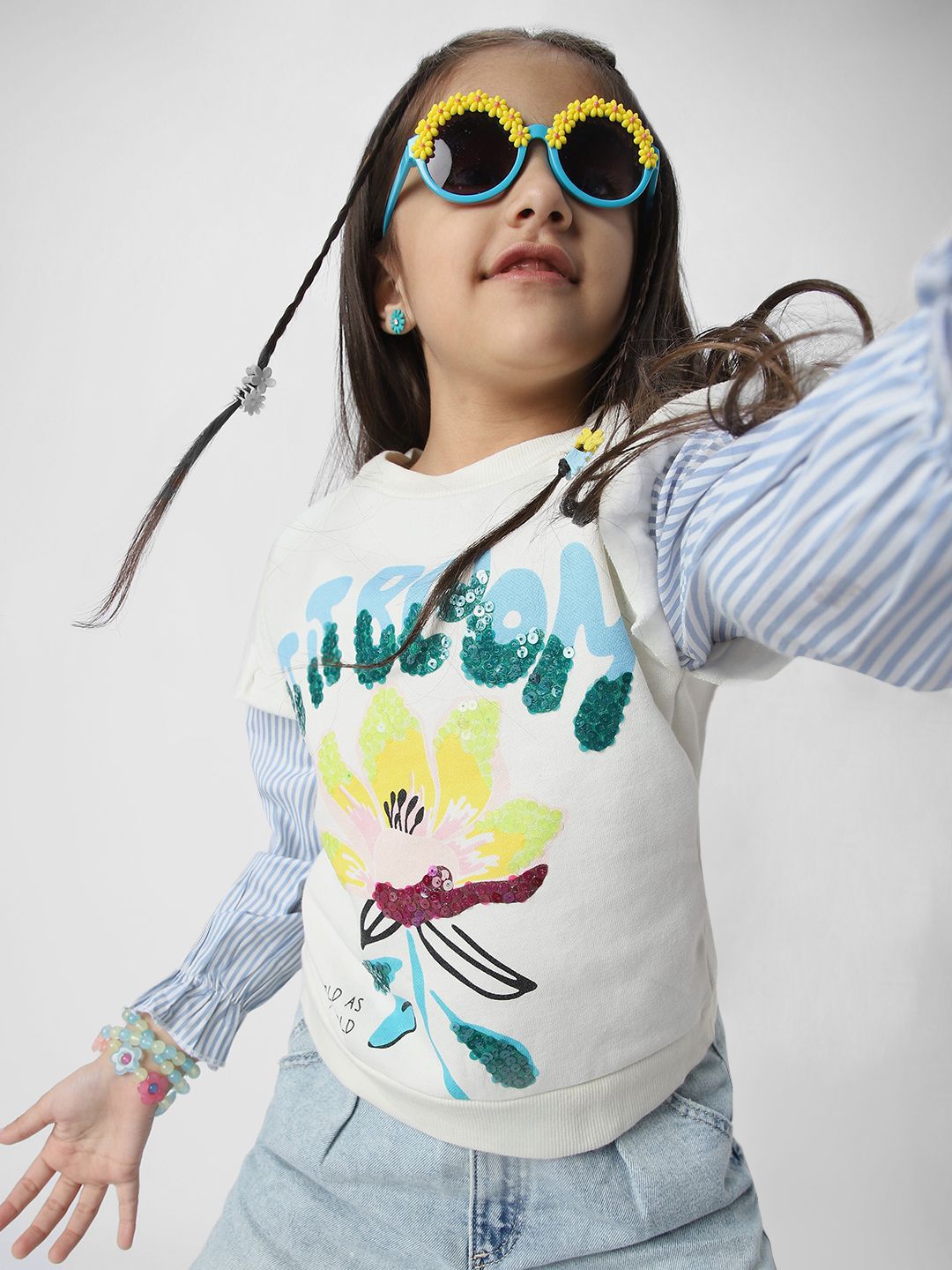 Nauti Nati Girls Graphic Printed Sweatshirt with Striped Sleeves
