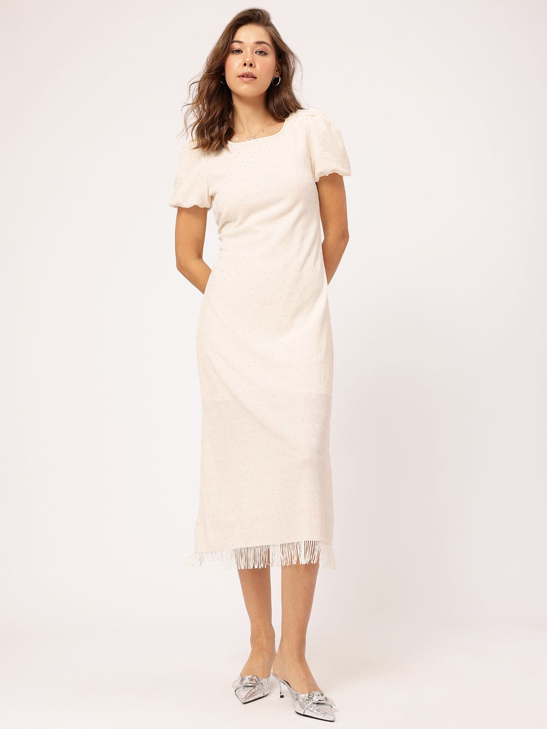 DressBerry Gleam Team Embellished Textured Fringed Hem Midi Sheath Dress