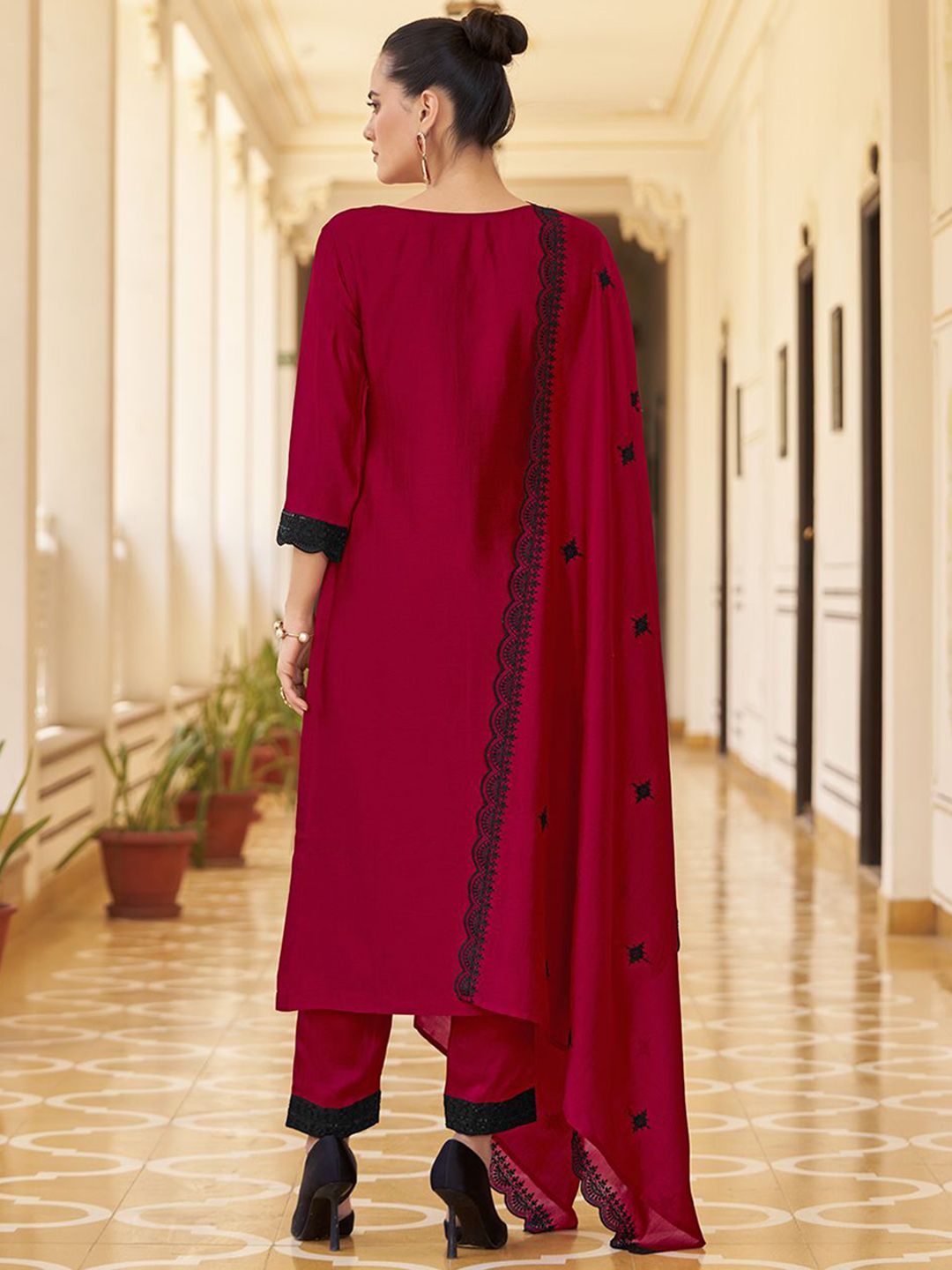 KALINI Floral Embroidered Straight Kurta with Trousers & Dupatta
