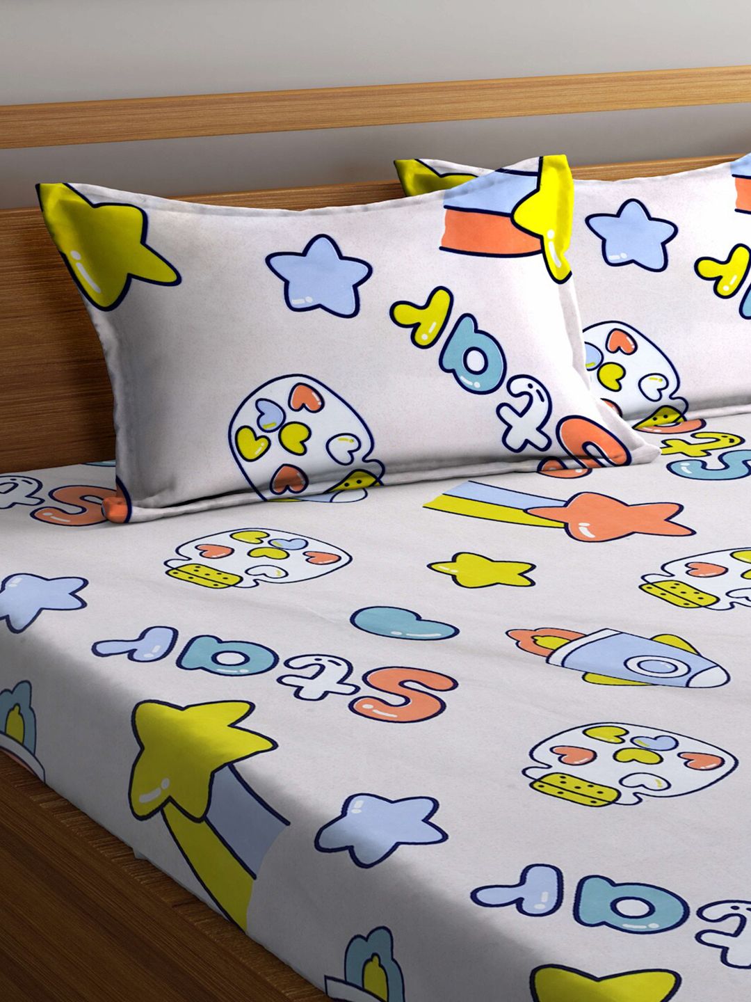 KLOTTHE Meadows Blue Cartoon Fitted 300 TC King Bedsheet with 2 Pillow Covers-250X225 cm