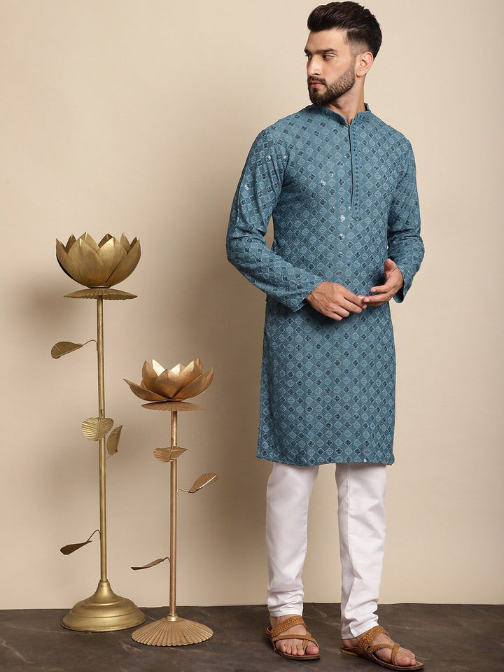 Motif Etnik Biru Anouk Bersulam Benang Berfungsi Kapas Tulen Kurta Lurus Dengan Churidar