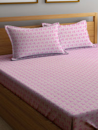 Myntra Elegant Homes Pink Geometric Cotton 300 TC Fitted King Fine Bedsheet with 2 Pillow Covers-98 x 87 inches