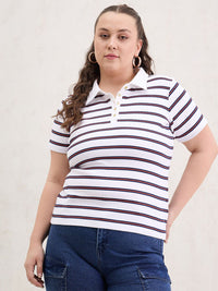 SASSAFRAS Curve Women Striped Polo Collar T-shirt