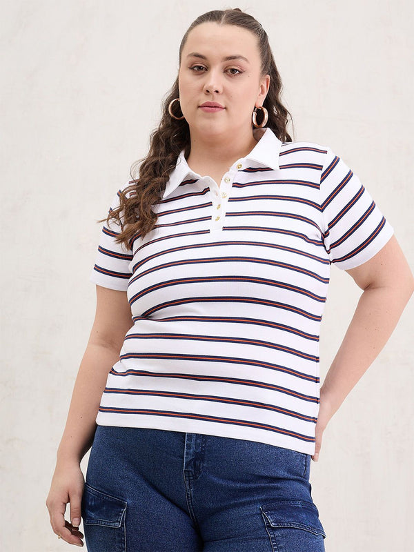SASSAFRAS Curve Women Striped Polo Collar T-shirt