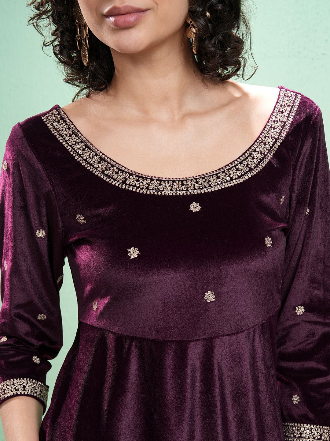 Vishudh Floral Yoke Design Zari Velvet A-Line Kurta With Trouser