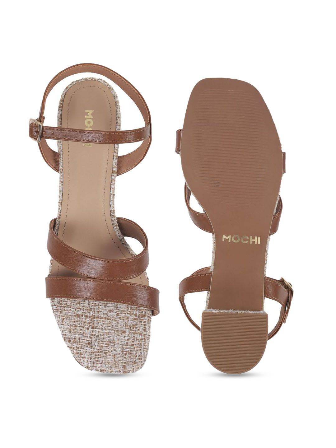 Mochi Women Woven Design Block Heel Sandals with Buckles