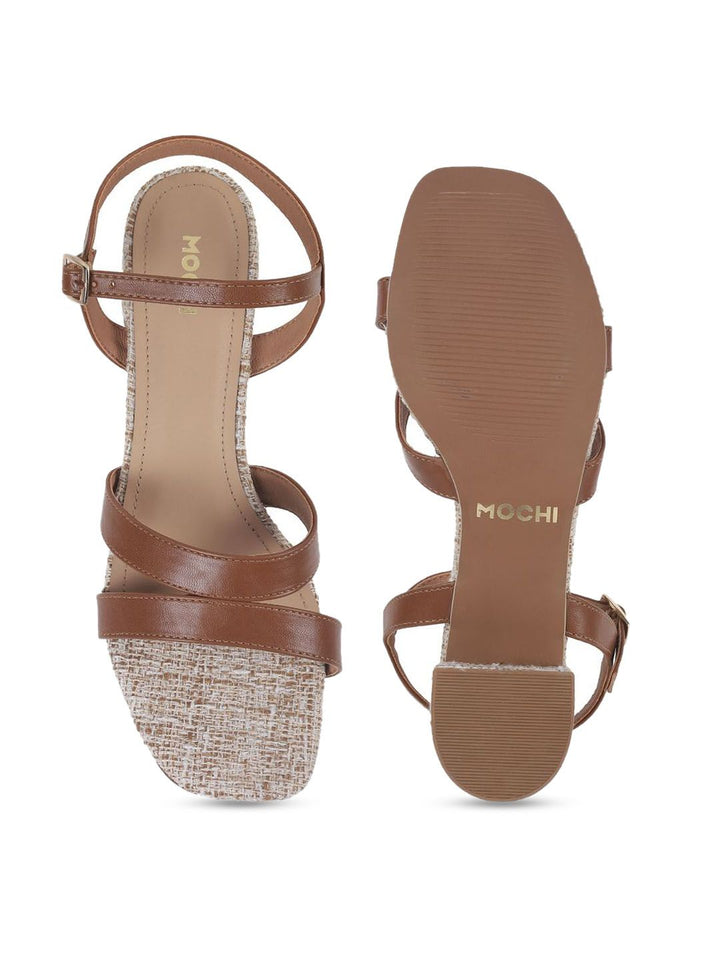 Mochi Women Woven Design Block Heel Sandals with Buckles