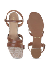 Mochi Women Woven Design Block Heel Sandals with Buckles