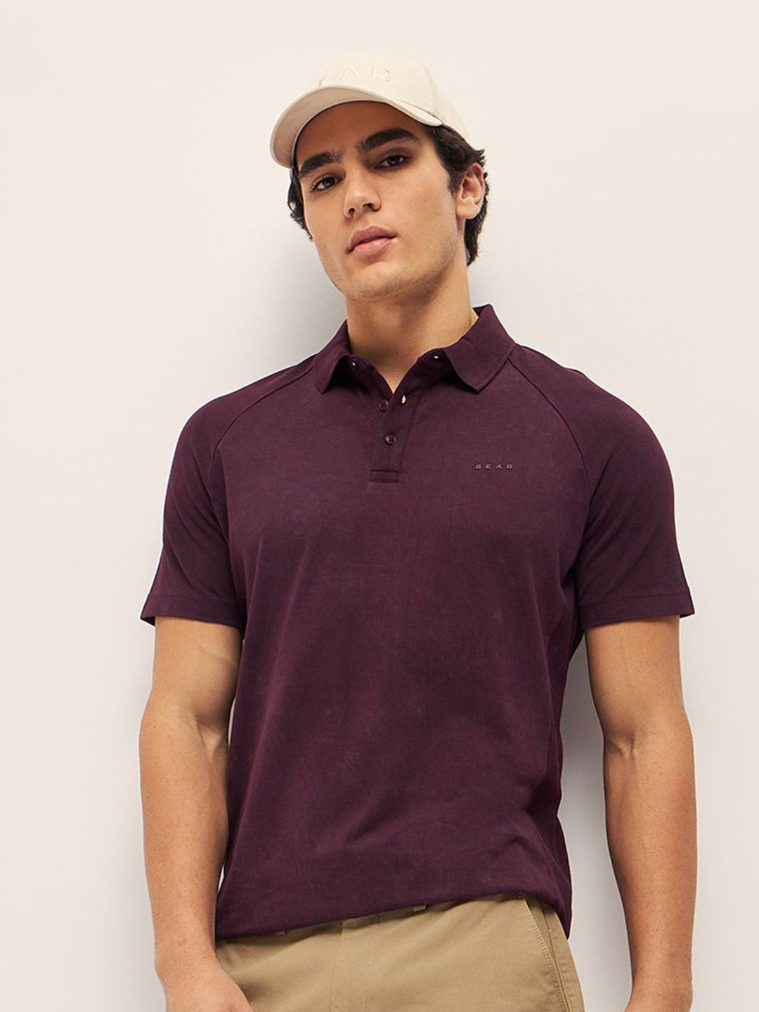 THE BEAR HOUSE Men Solid Polo Collar Cotton Slim Fit T-shirt