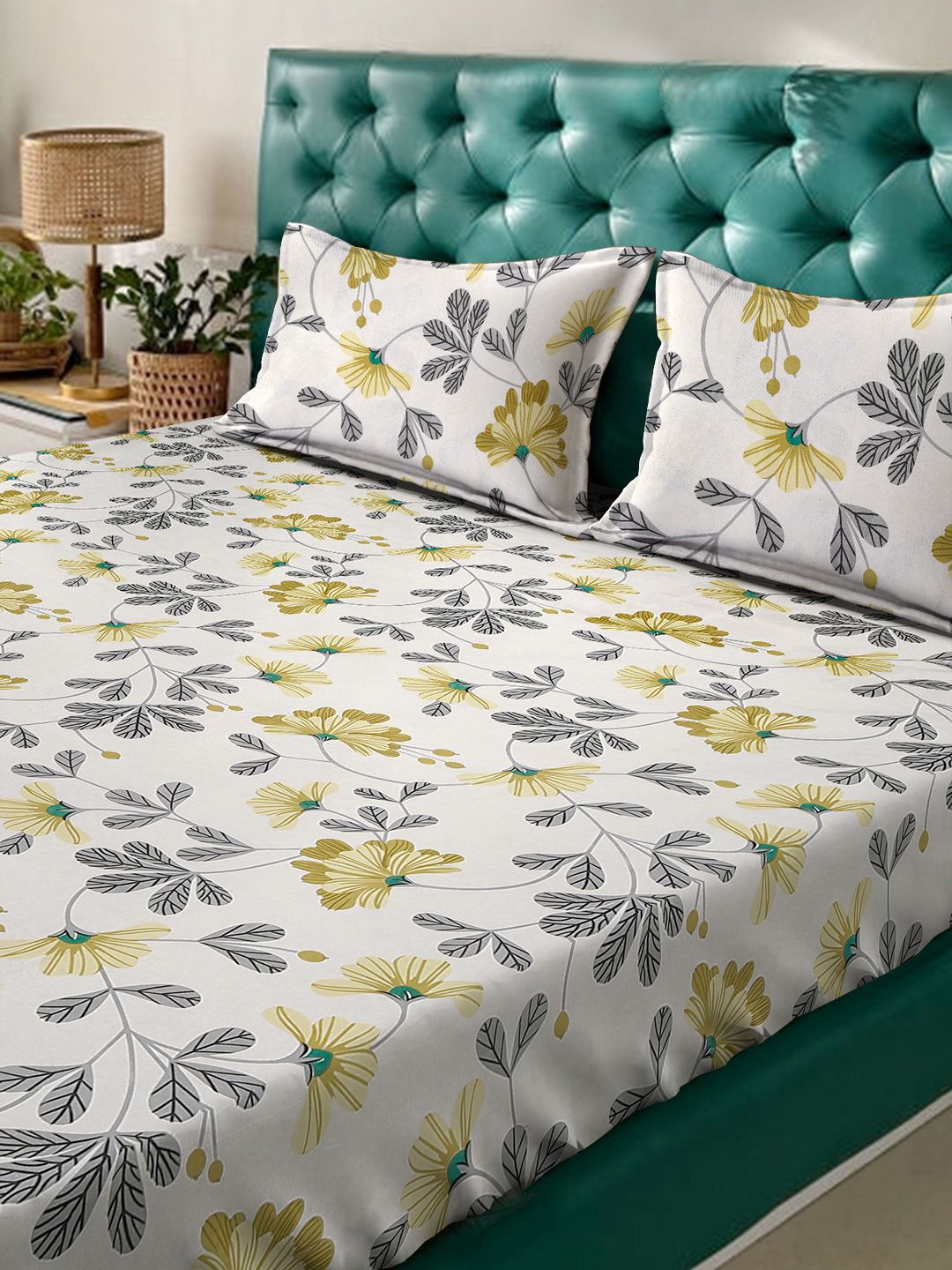 Aura White & Yellow Floral Printed 300 TC Fitted King Bedsheet Set 2.5 x 2.25 m