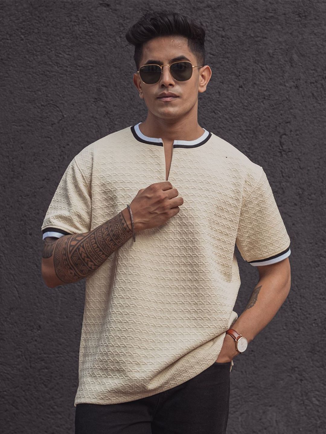 Powerlook Men Solid Mandarin Collar T-Shirt