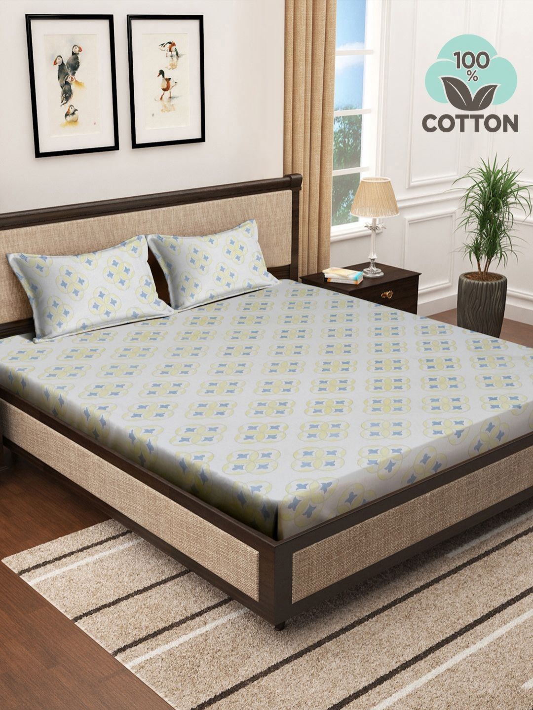 Myntra Elegant Homes White Geometric Cotton 400 TC Fitted King Superfine Bedsheet dengan 2 Sarung Bantal-89 x 98 inci