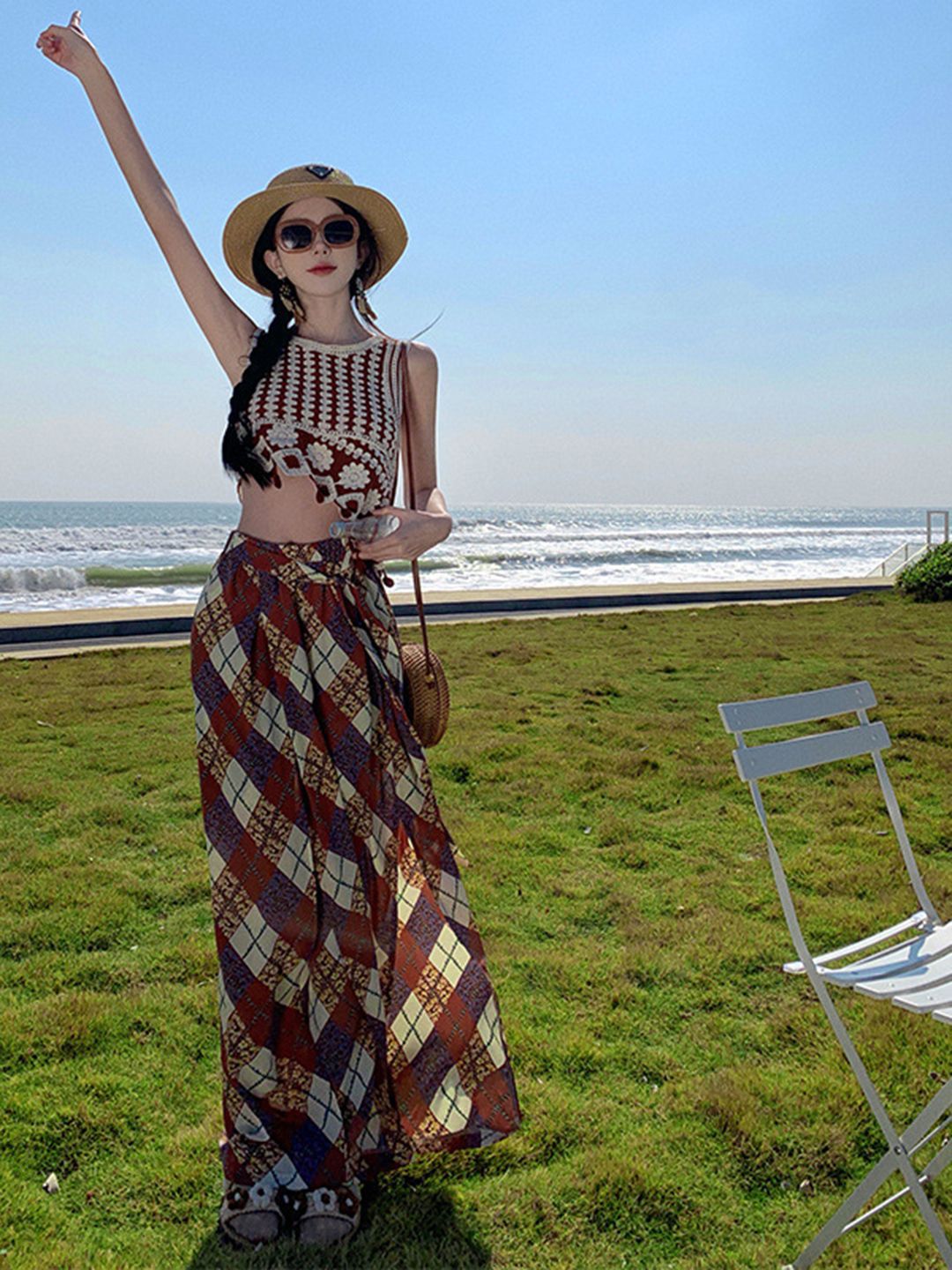 DressBerry Embroidered Round Neck Crop Top With Printed Maxi Skirt Co-Ords