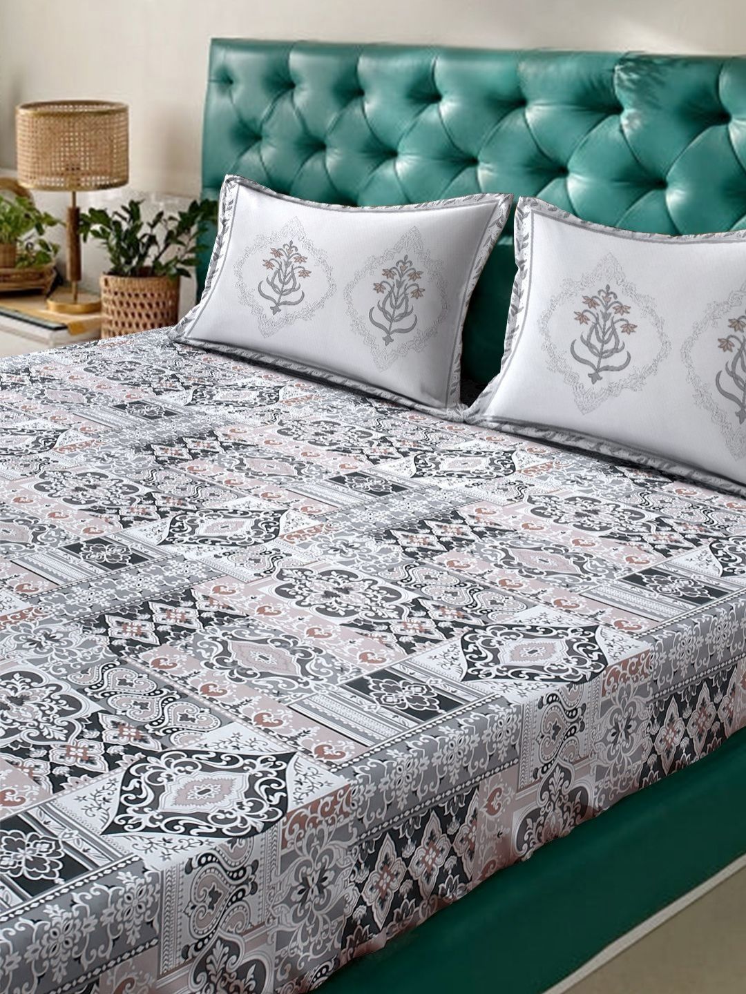 Myntra Elegant Homes White Ethnic Motifs 400 TC Cotton Super King Bedsheet Set 2.70 m x 2.70 m
