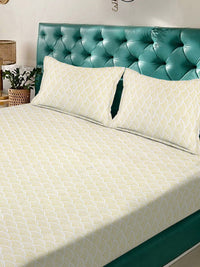 KLOTTHE White & Beige Printed 300 TC King Bedsheet With 2 Pillow Covers