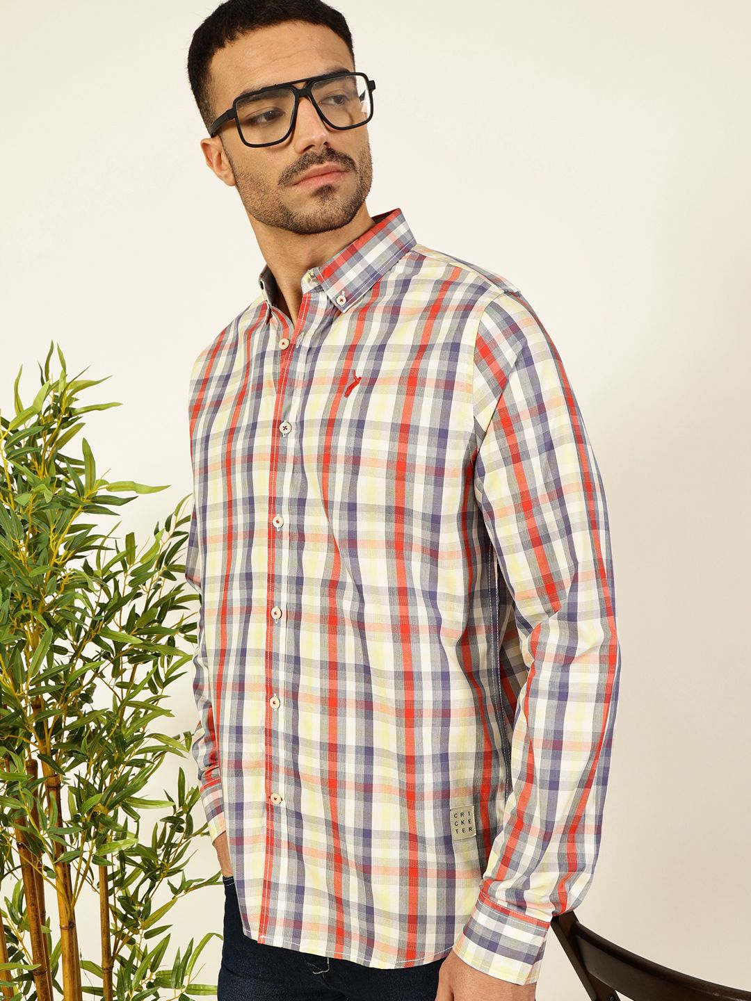 Thomas Scott Men Premium Spread Collar Tartan Checked Cotton Slim Fit Casual Shirt