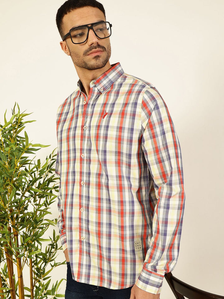 Thomas Scott Men Premium Spread Collar Tartan Checked Cotton Slim Fit Casual Shirt