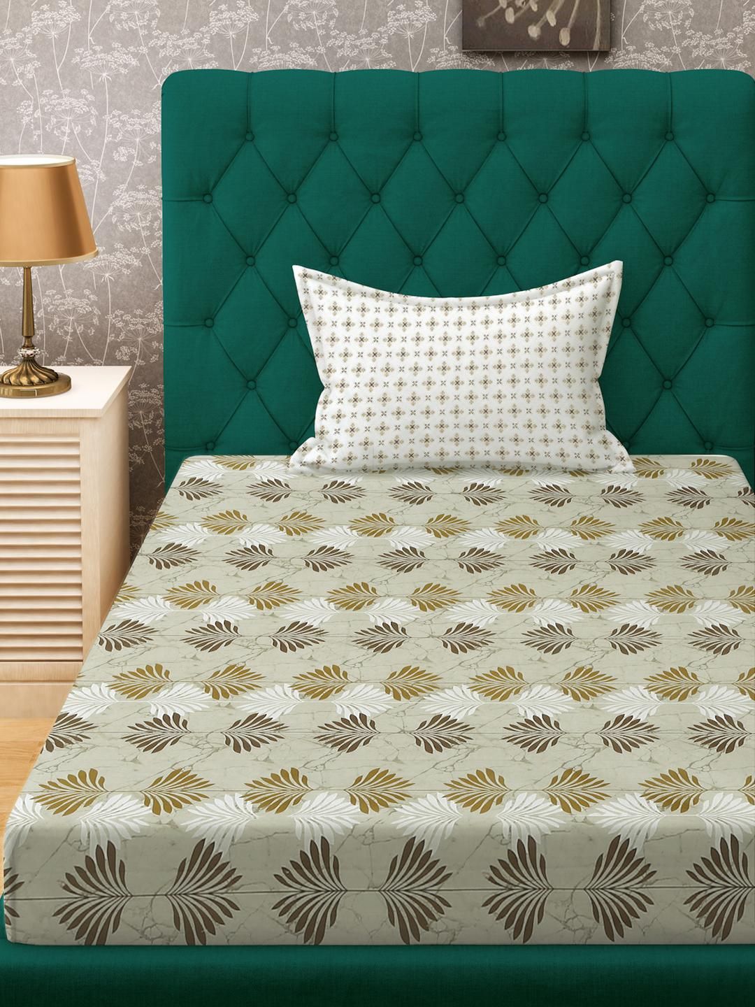 KLOTTHE Olive Floral Cotton Single Bedsheets