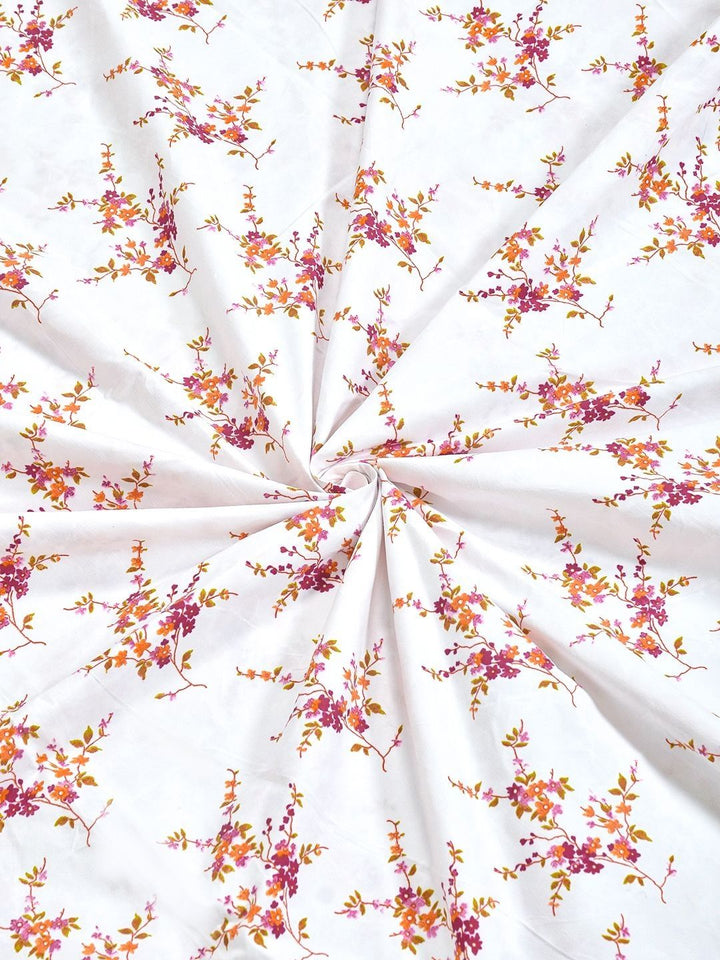 KLOTTHE White Floral Polycotton 300 TC Fitted King Fine Bedsheet dengan 2 Sarung Bantal-98 x 89 inci